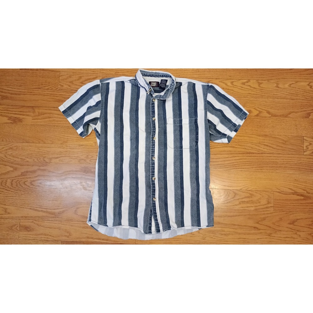 Vintage Y2K Faded Glory‎ Mens Blue White Striped Short Sleeve Button Up Shirt M